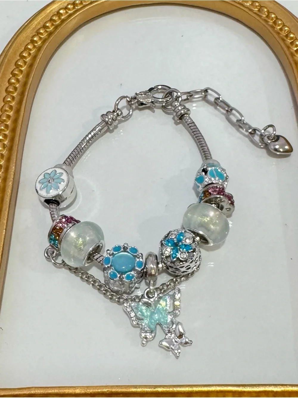 New Stainless Steel Charm Bracelet w/ Blue Charms 7 inches plus extender